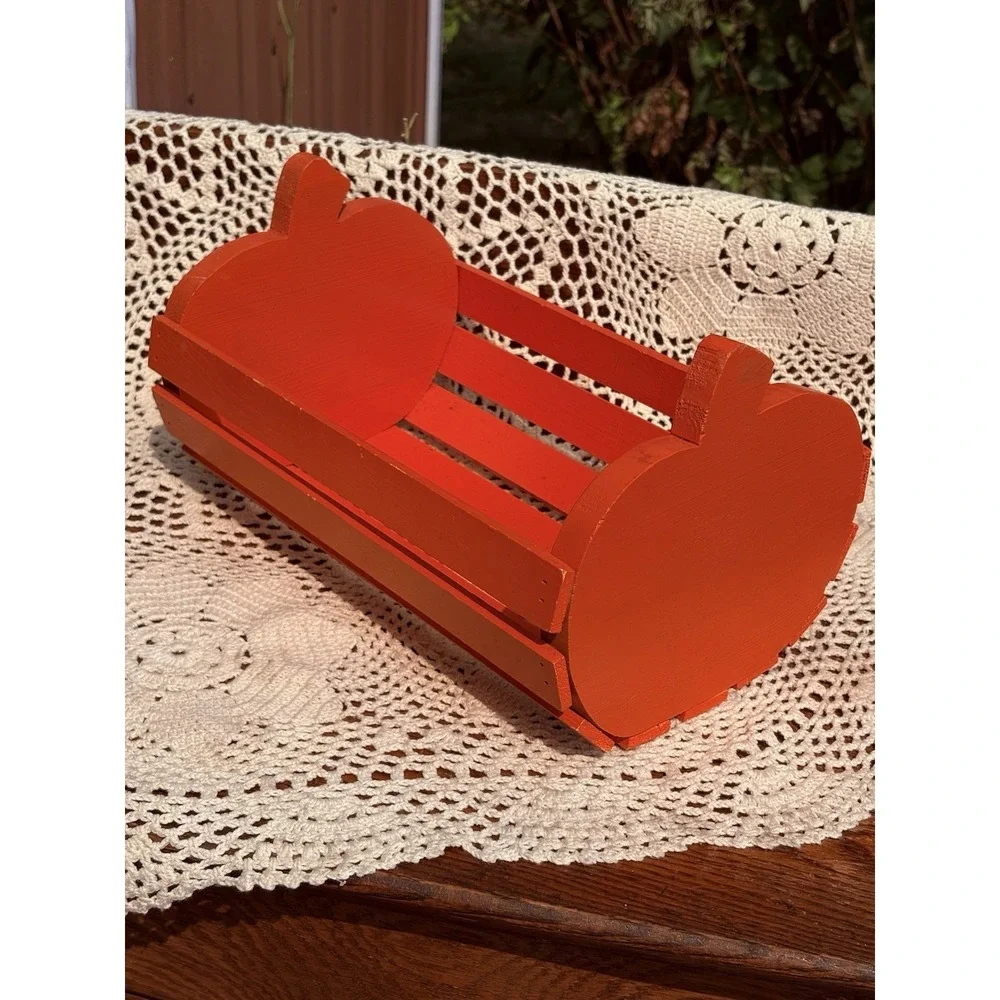 Vintage Wooden Pumpkin  Slat Basket Orange Treats Decor Halloween